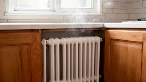grzejnik za szafkami w kuchni