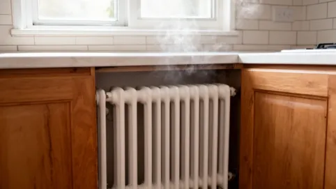 grzejnik za szafkami w kuchni