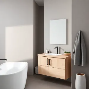 Inspiracje łazienka szara z drewnem