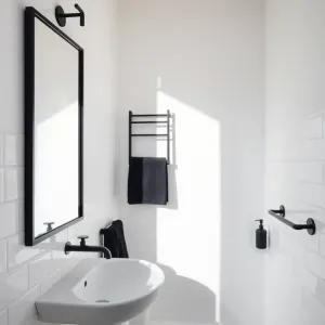 Jasną łazienka z czarnymi dodatkami