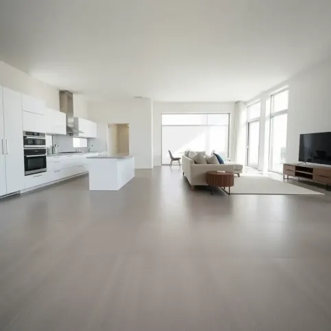 Jednolitą podłoga w kuchni i salonie
