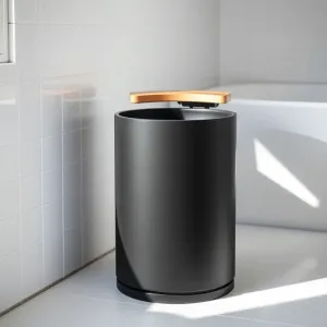 Kosz do łazienki czarny z drewnem