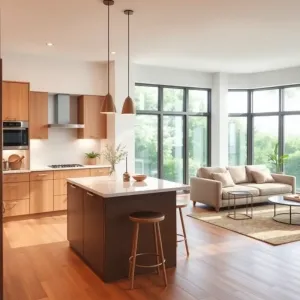 Mała kuchnia z wyspą i salonem