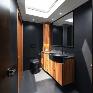 Mała łazienka czarna z drewnem