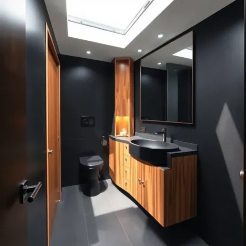 Mała łazienka czarna z drewnem