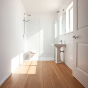 Mała łazienka z drewniana podłoga