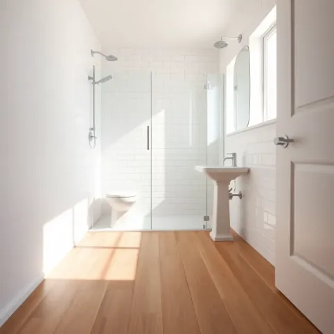 Mała łazienka z drewniana podłoga