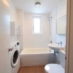 Mała łazienka z wanną i pralką w bloku