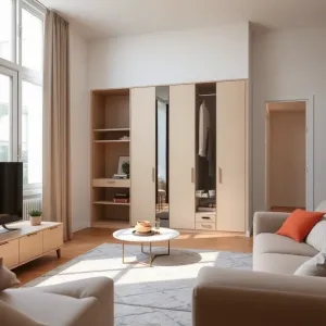 Mały salon w bloku z szafa