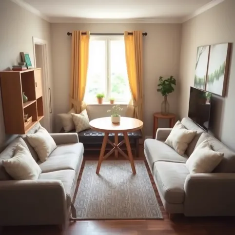 Mały salon z narożnikiem i stołem