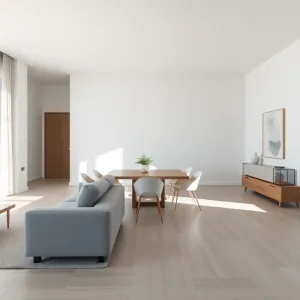 Minimalistyczny salon z jadalnią