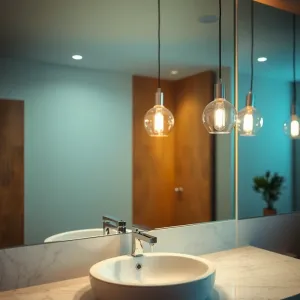 Nad umywalką lampy wiszące do łazienki przy lustrze