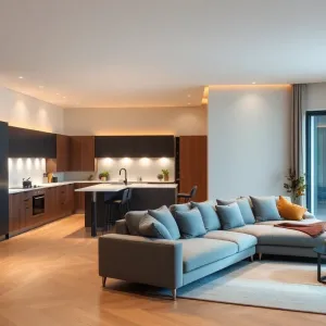 Nowoczesne oświetlenie salonu z aneksem kuchennym