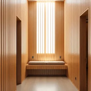 Przedpokój z lamelami i siedziskiem