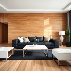 salon biało czarny z drewnem