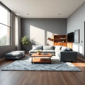 Salon szary z drewnem