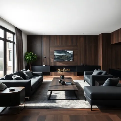 Salon w drewnie i czerni