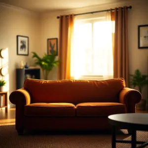 Salon z brązową kanapą