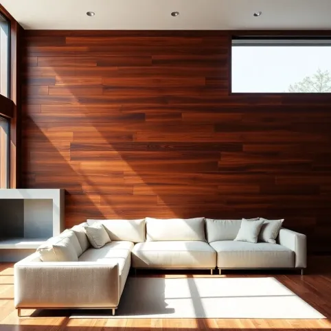 Salon z drewnem na ścianie