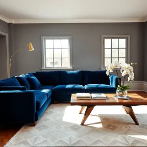 Salon z granatową kanapą inspiracje