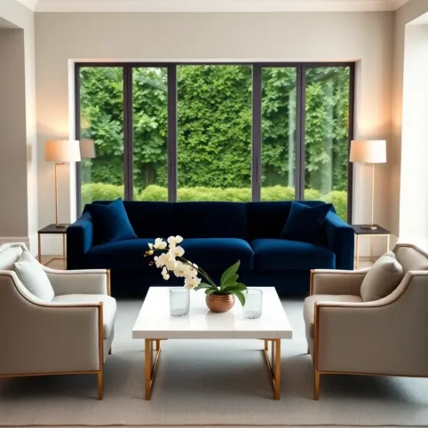 Salon z granatowymi dodatkami