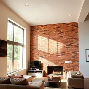Ściana z cegły w salonie aranżacje