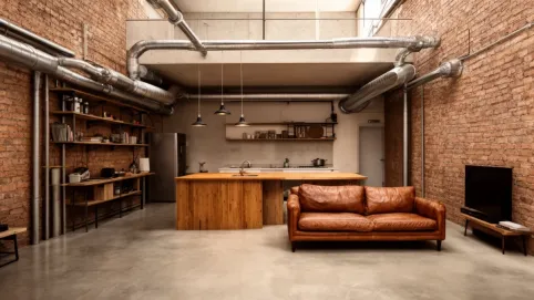 styl loftowy kuchnia z salonem w mieszkaniach blokowych