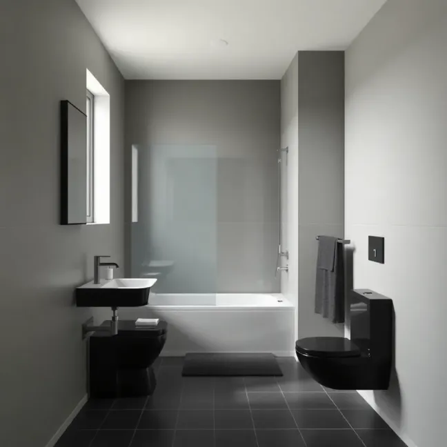 Szara łazienka z czarnymi dodatkami