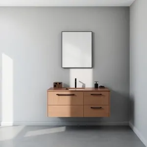 Szara łazienka z drewnem i czarnymi dodatkami