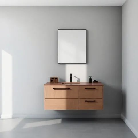 Szara łazienka z drewnem i czarnymi dodatkami