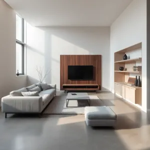 Szary salon z drewnem