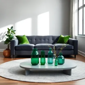 Szary salon z zielonymi dodatkami