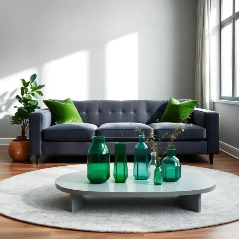 Szary salon z zielonymi dodatkami