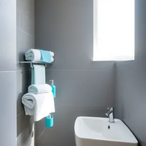 Turkusowe dodatki do szarej łazienki