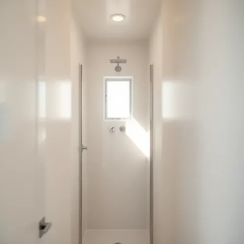 Wąska łazienka z oknem i prysznicem