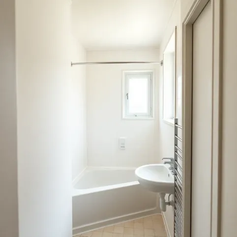 Wąską łazienka z prysznicem i oknem