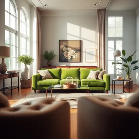 zieloną sofą w salonie inspiracje