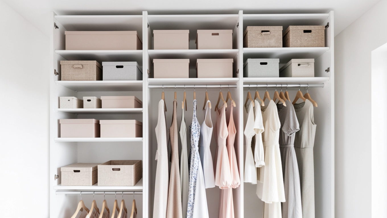 Szafki pod sufitem z półkami i drążkami