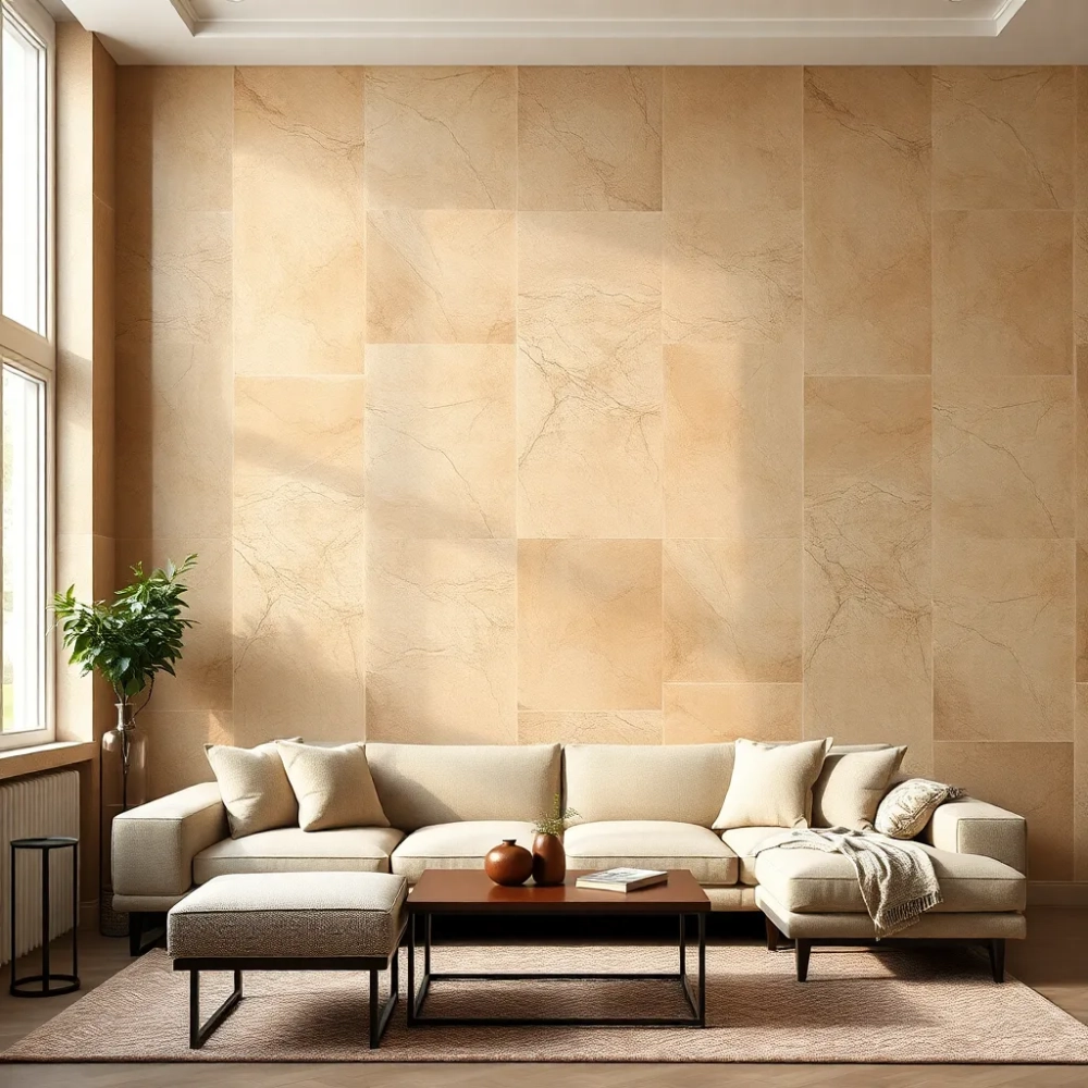 Trawertyn na ścianie w salonie