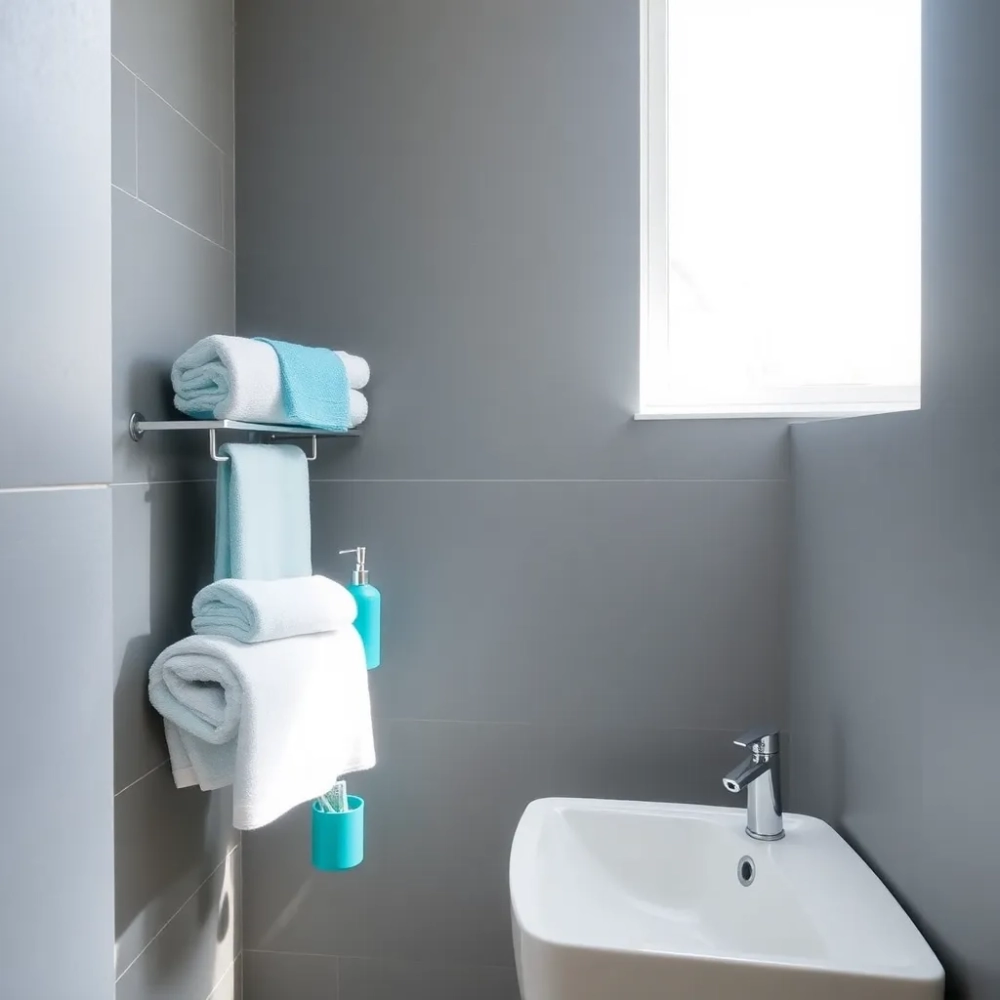 Turkusowe dodatki do szarej łazienki