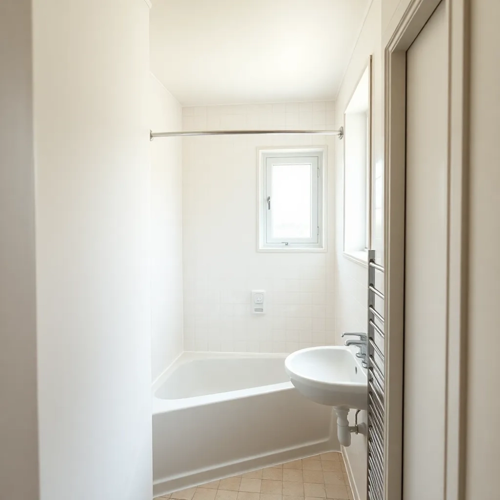 Wąską łazienka z prysznicem i oknem